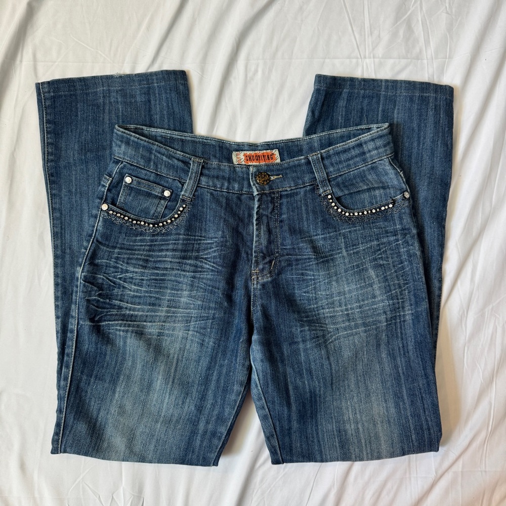 Vintage 2000s Dark Wash Low-Rise Jeans – Rhinestone Trimmed Pockets, Y2K Vibes
